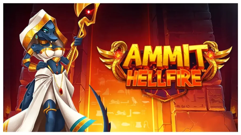 Ammit Hellfire slot game interface showing the goddess Ammit and the game grid