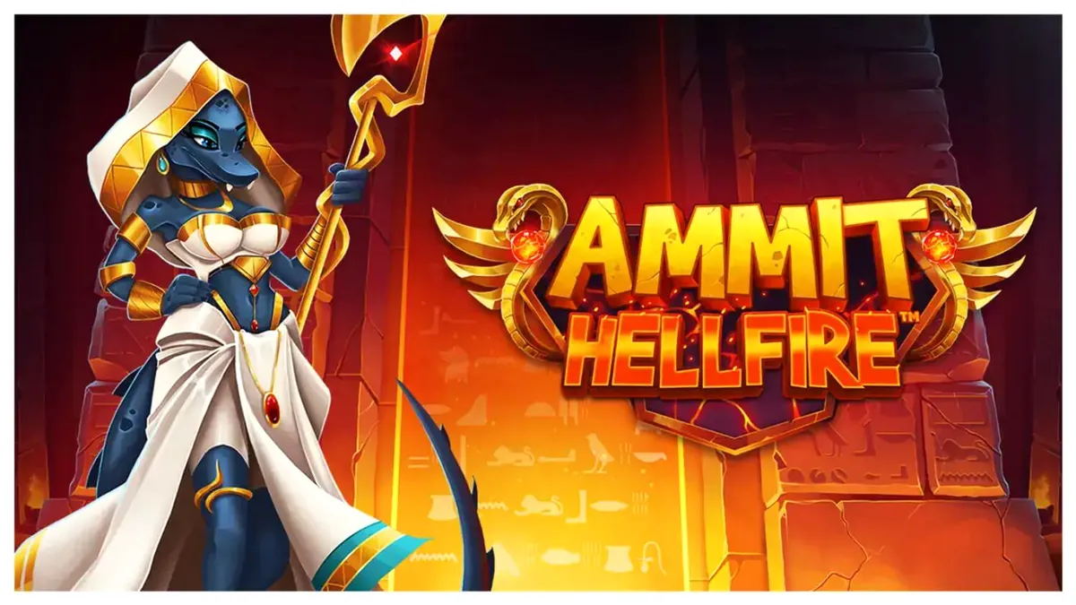 Ammit Hellfire slot game interface showing the goddess Ammit and the game grid