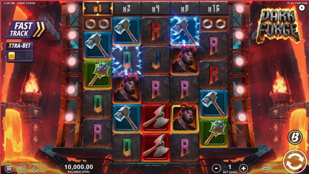 Tampilan visual slot Dark Forge dengan tema pandai besi iblis dan api neraka