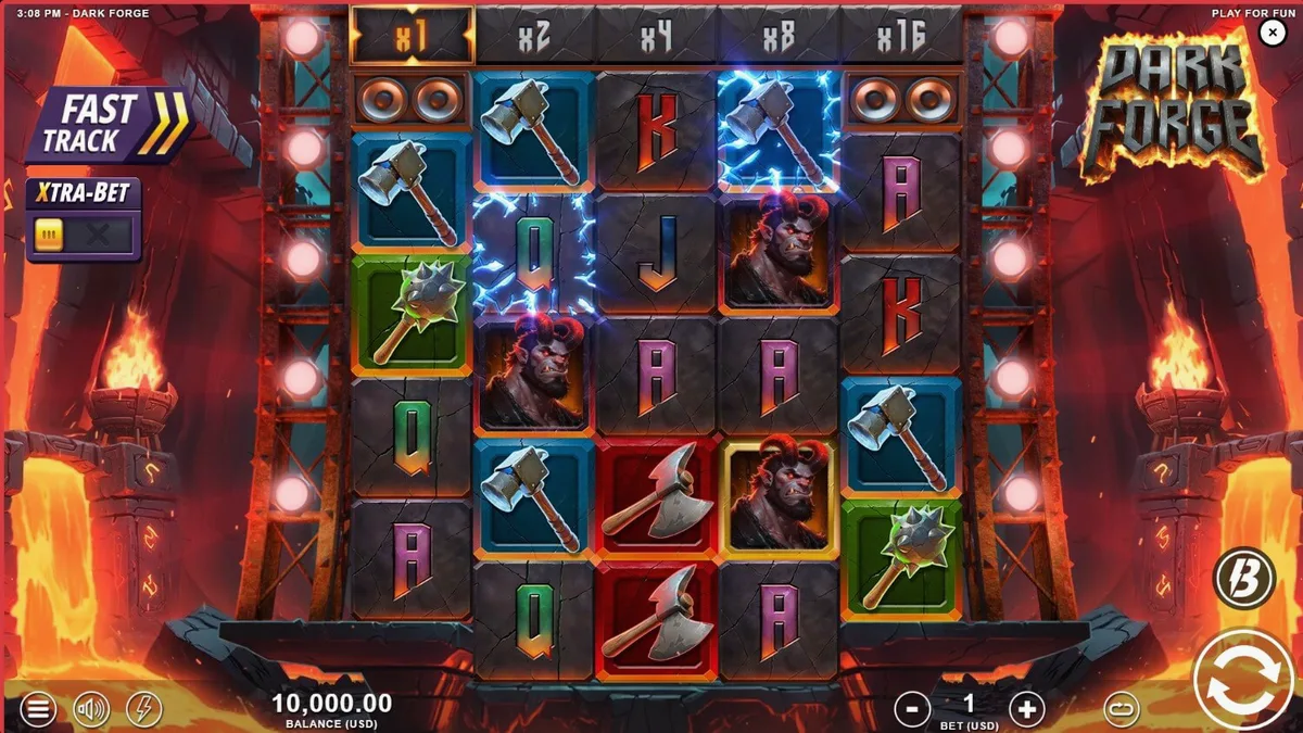 Tampilan visual slot Dark Forge dengan tema pandai besi iblis dan api neraka
