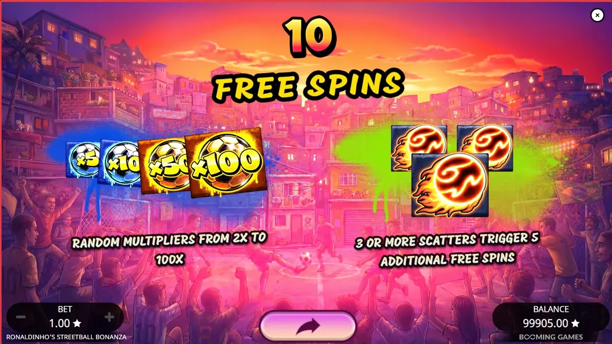 Ronaldinho’s Streetball Bonanza slot game interface featuring vibrant street football theme